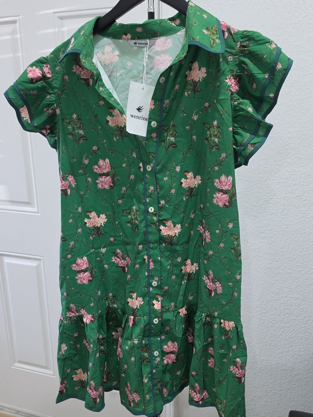 Green Floral Button-Down Kids Dress